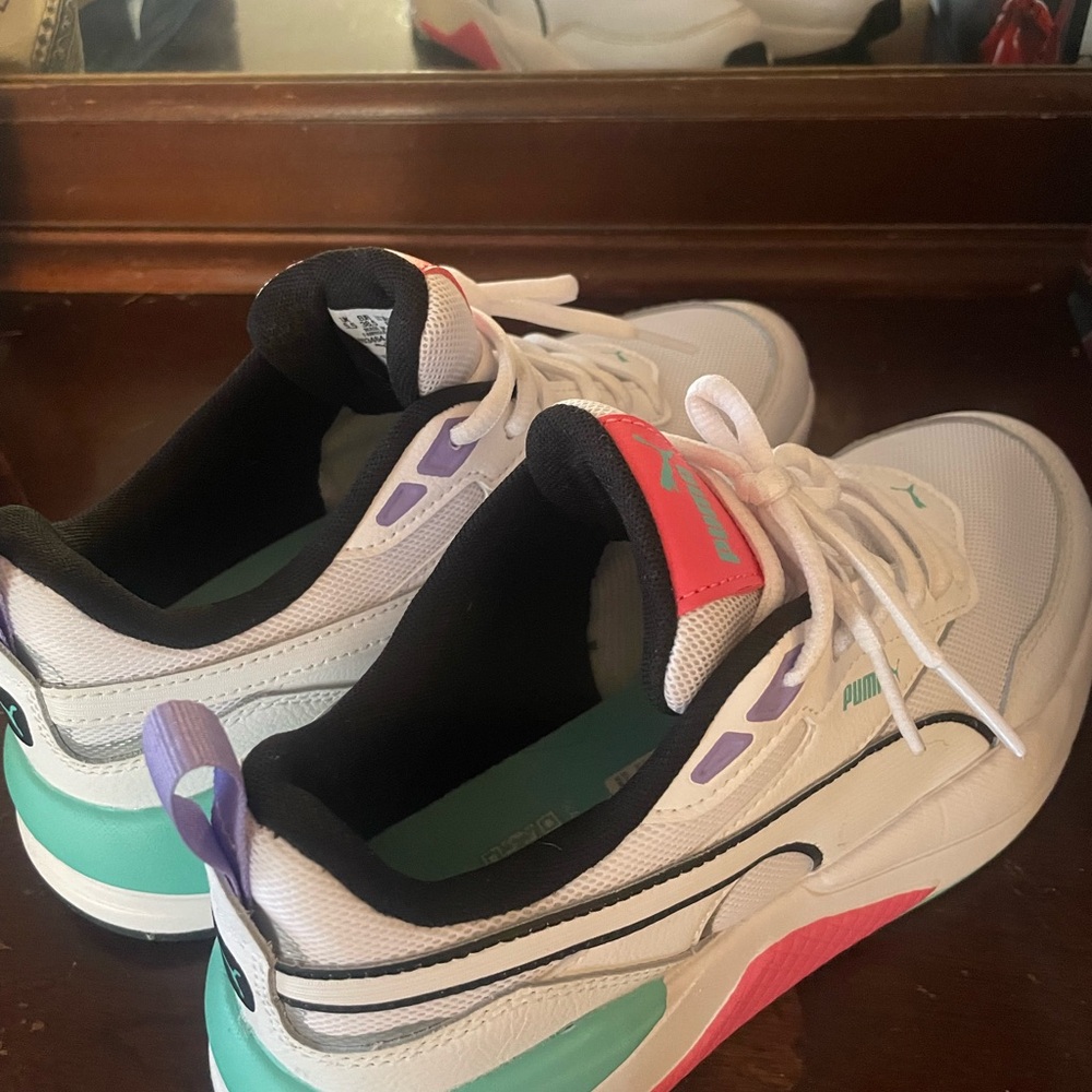Puma White Sneakers with Pink and Green Accents